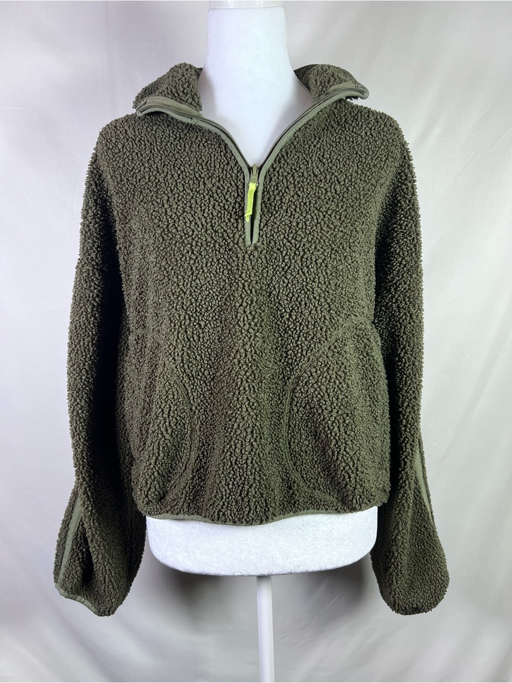 Old Navy Cozy Olive Green Sherpa Shearling Quarter- Zip Pullover with Pockets